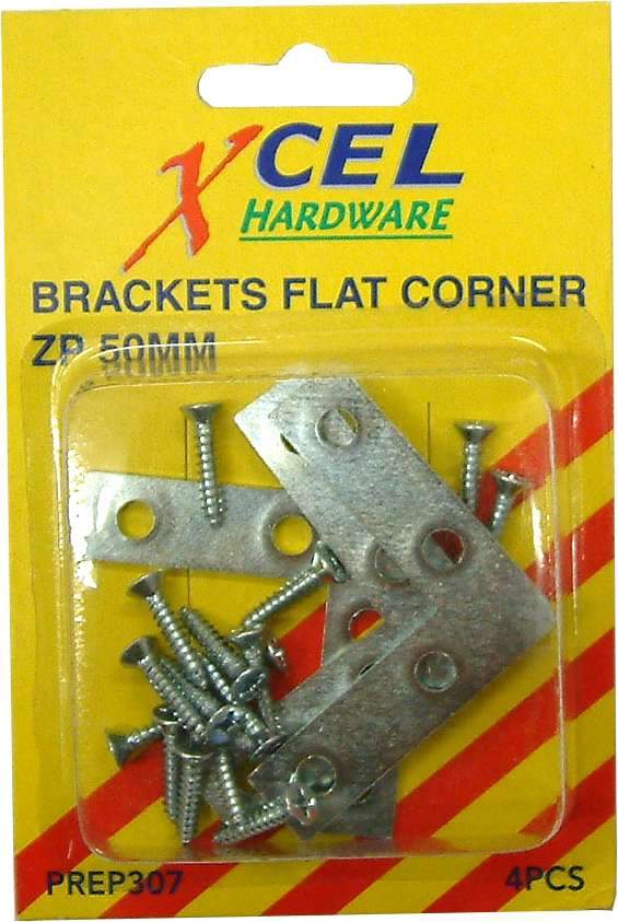 Flat Corner Brackets - ZP with Screws 4-pce 50mm Carded Xcel